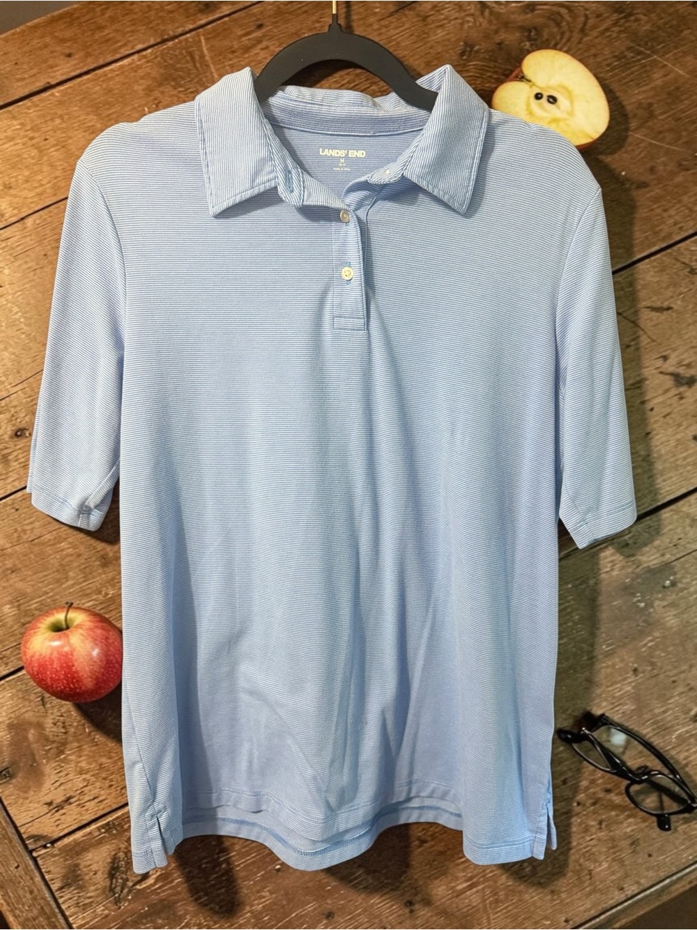 Lands’ End Womens Polo Shirt Light Blue Striped Short Sleeve Size Medium